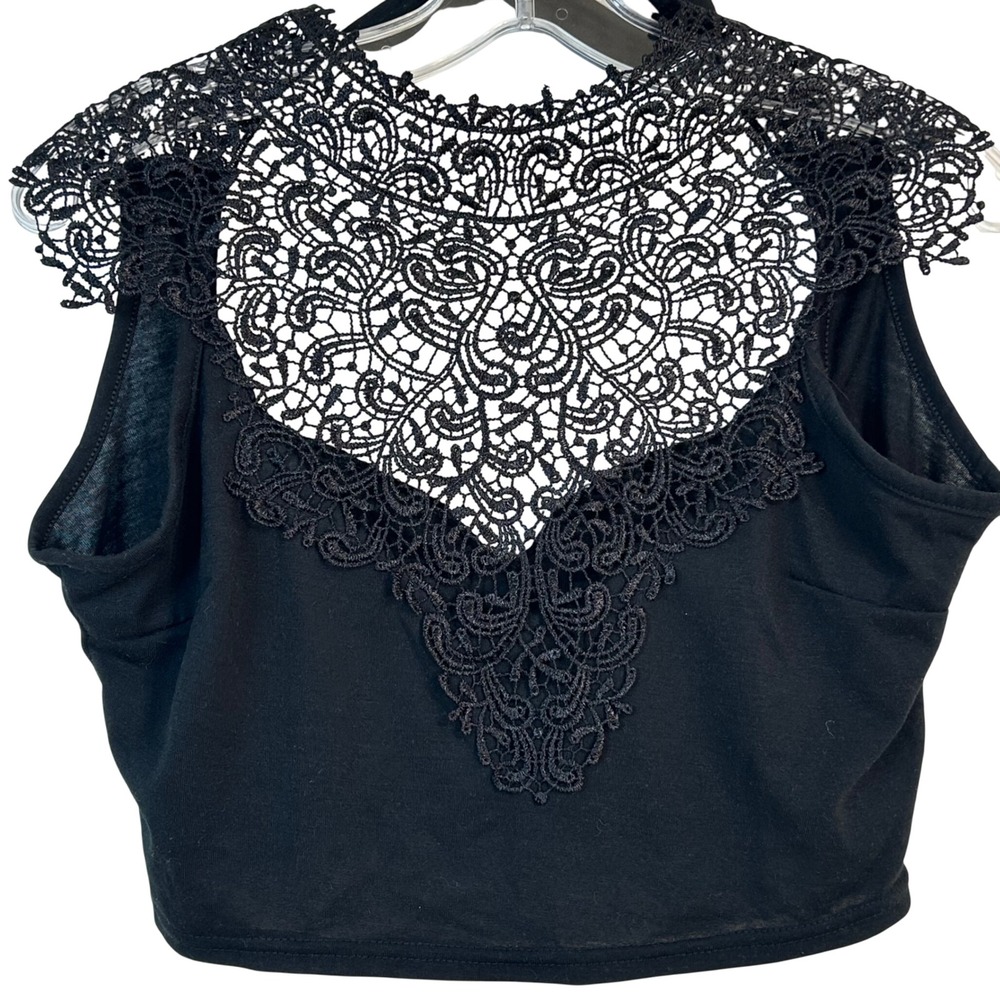 Black‎ Lace Yoke Open Back Tie Crop Top Sleeveless High Neck Goth XL
